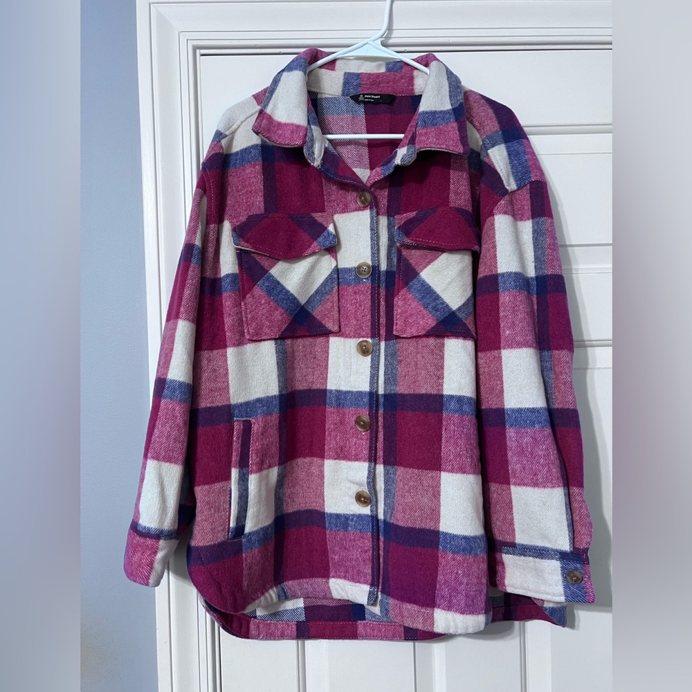Women's Plaid Utility Jacket - Pink and Blue
